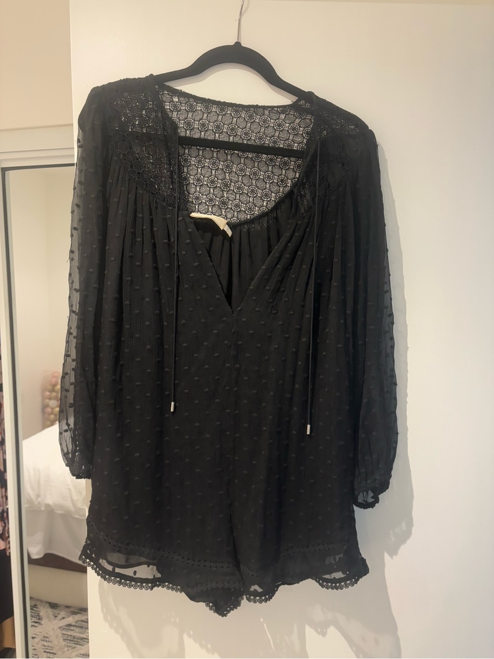 Women’s Black Swiss Dot Lace Peasant Top